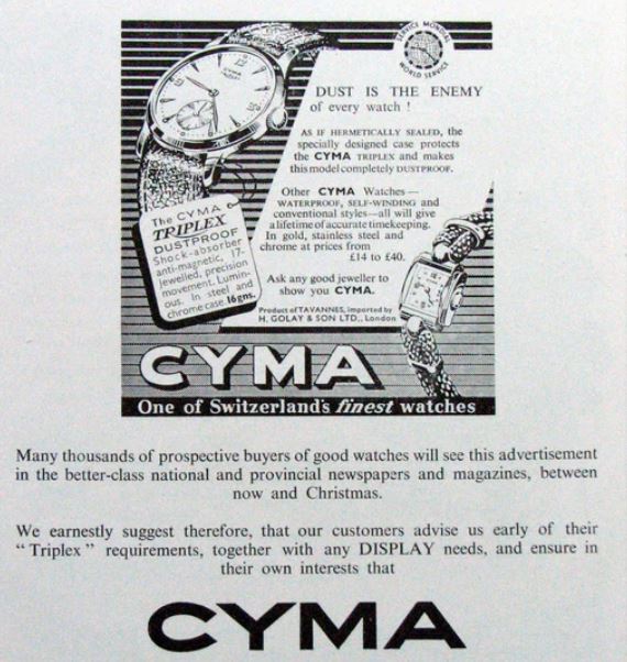 Cyma Triplex advertisement, 1950s.